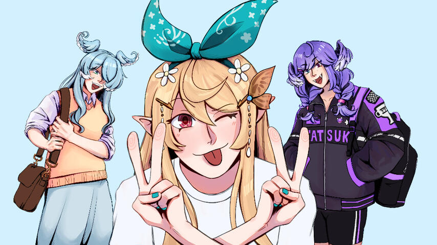 Art of Nijisanji vtubers Pomu Rainpuff, Selen Tatsuki and Elira Pendora